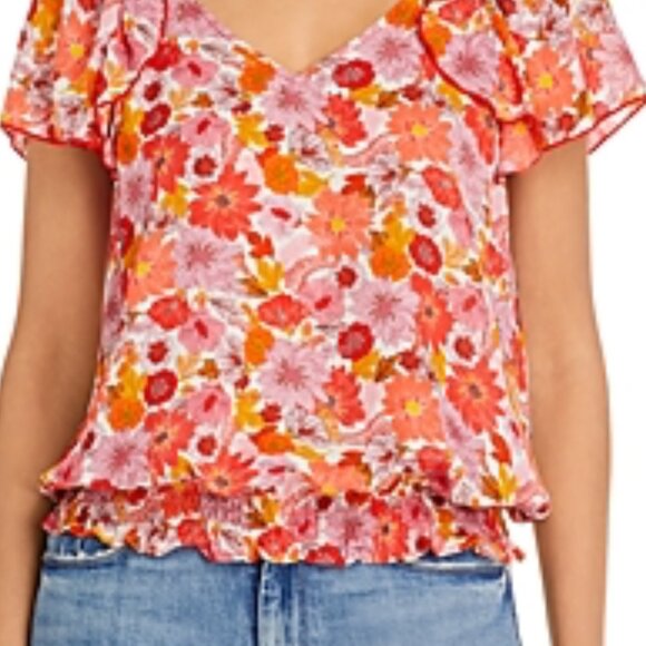 Status by Chenault Orange Floral Flutter Sleeve Blouse Size Large - Picture 2 of 9